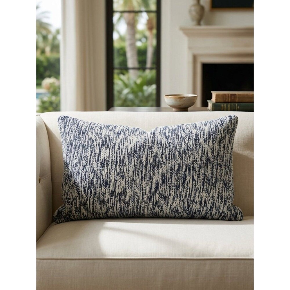 Navy Blue Cream Variegated Lumbar Pillow Cover | 100% Cotton